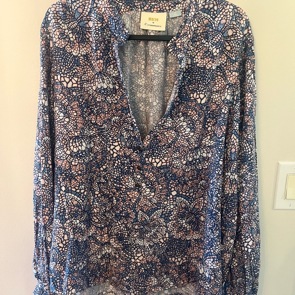 Maeve Anthropologie Blue and Pink Patterned Blouse